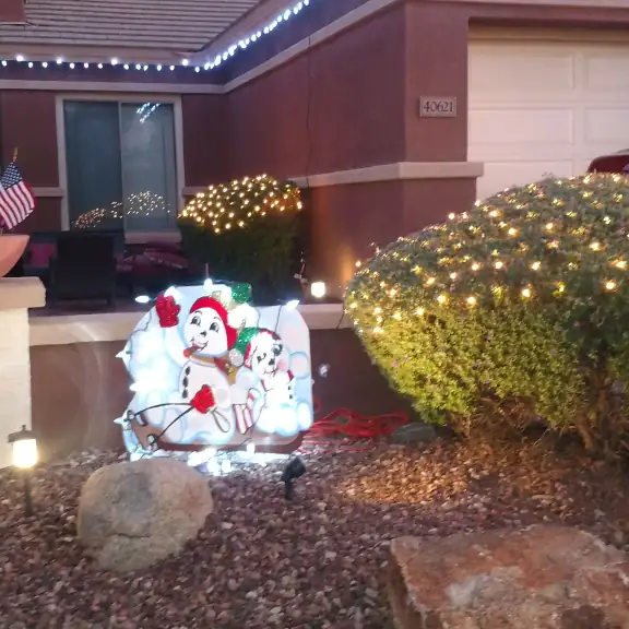 Front porch and shrubs wrapped in holiday lights