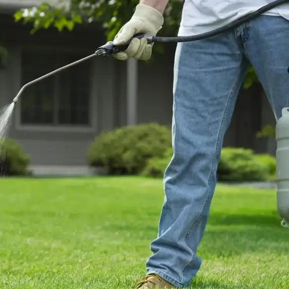 Technician spraying a yard with a pump sprayer