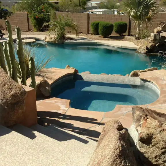 Pool with rock waterfall and cactus