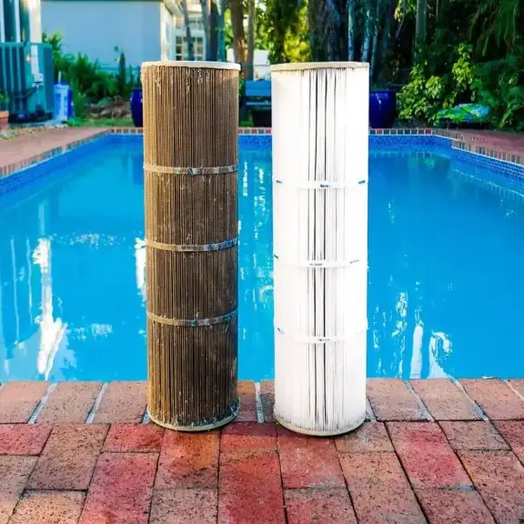 Dirty and clean pool filter cartridges side by side (square)